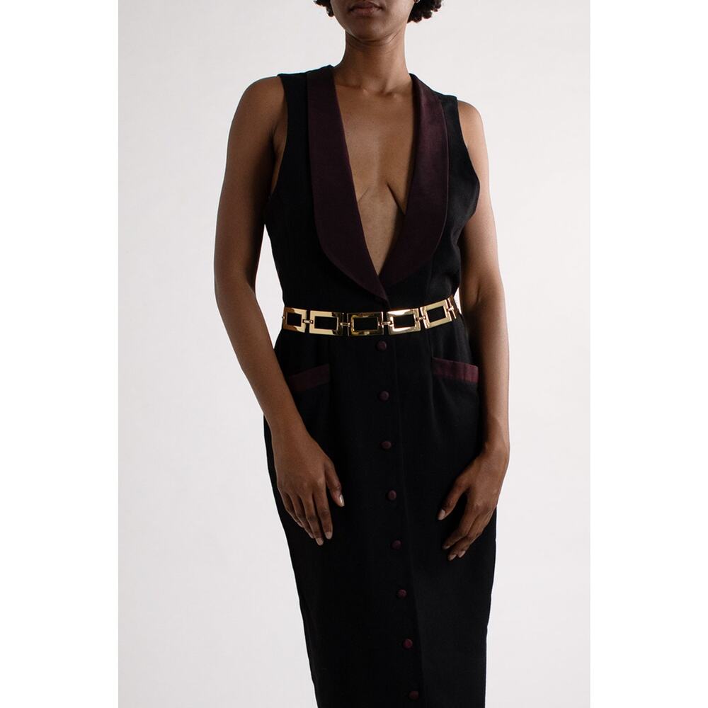 Black Tuxedo Dress with Purple Lapel